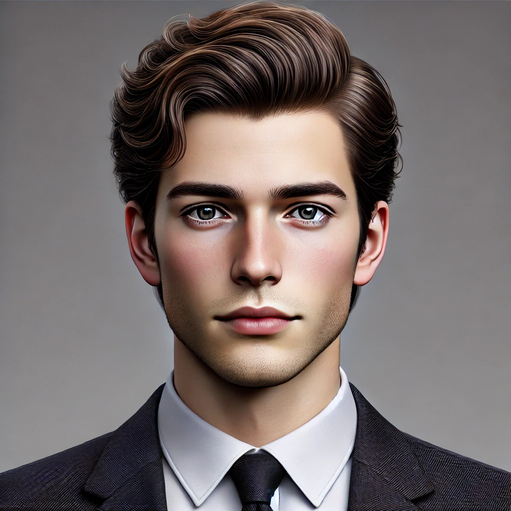 DALL·E 2024-09-05 11.52.57 – Create a highly realistic half-body portrait of a young man with a professional appearance. He has neatly styled, wavy dark hair with a clean side par